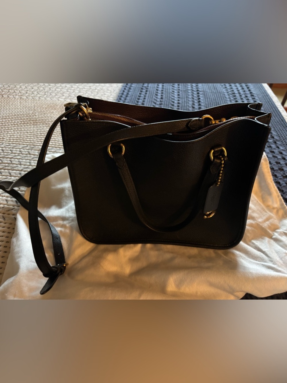 Classic Black Leather Tote Bag with Gold Hardware